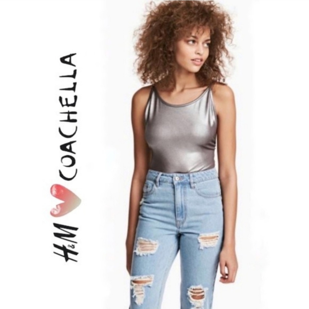 H&M Coachella Silver Spaghetti Strap Bodysuit.